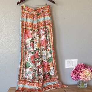 Misa Los Angeles Floral Wide Leg Silk Pants in Coral, Pink & Green